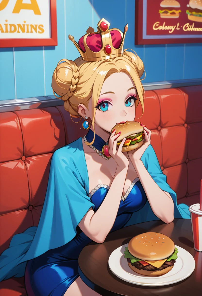 a picture of a royal queen eating  a juicy hamburger, royal queen, blond hair, in a bun, dynamic eye color, wearing a royal (crown:1.2). elegant crown, glamour crown, wearing elegant dress, royal dress, royal cloak, high fashion, wearing high heels, sitting in diner, eating a juicy hamburger, delicious hamburger, her (scepter: 1.1) is on the table  American diner background, she enjoys the hamburger, 