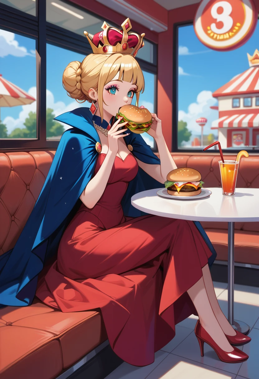 a picture of a royal queen eating  a juicy hamburger, royal queen, blond hair, in a bun, dynamic eye color, wearing a royal (crown:1.2). elegant crown, glamour crown, wearing elegant dress, royal dress, royal cloak, high fashion, wearing high heels, sitting in diner, eating a juicy hamburger, delicious hamburger, her (scepter: 1.1) is on the table  American diner background, she enjoys the hamburger, 