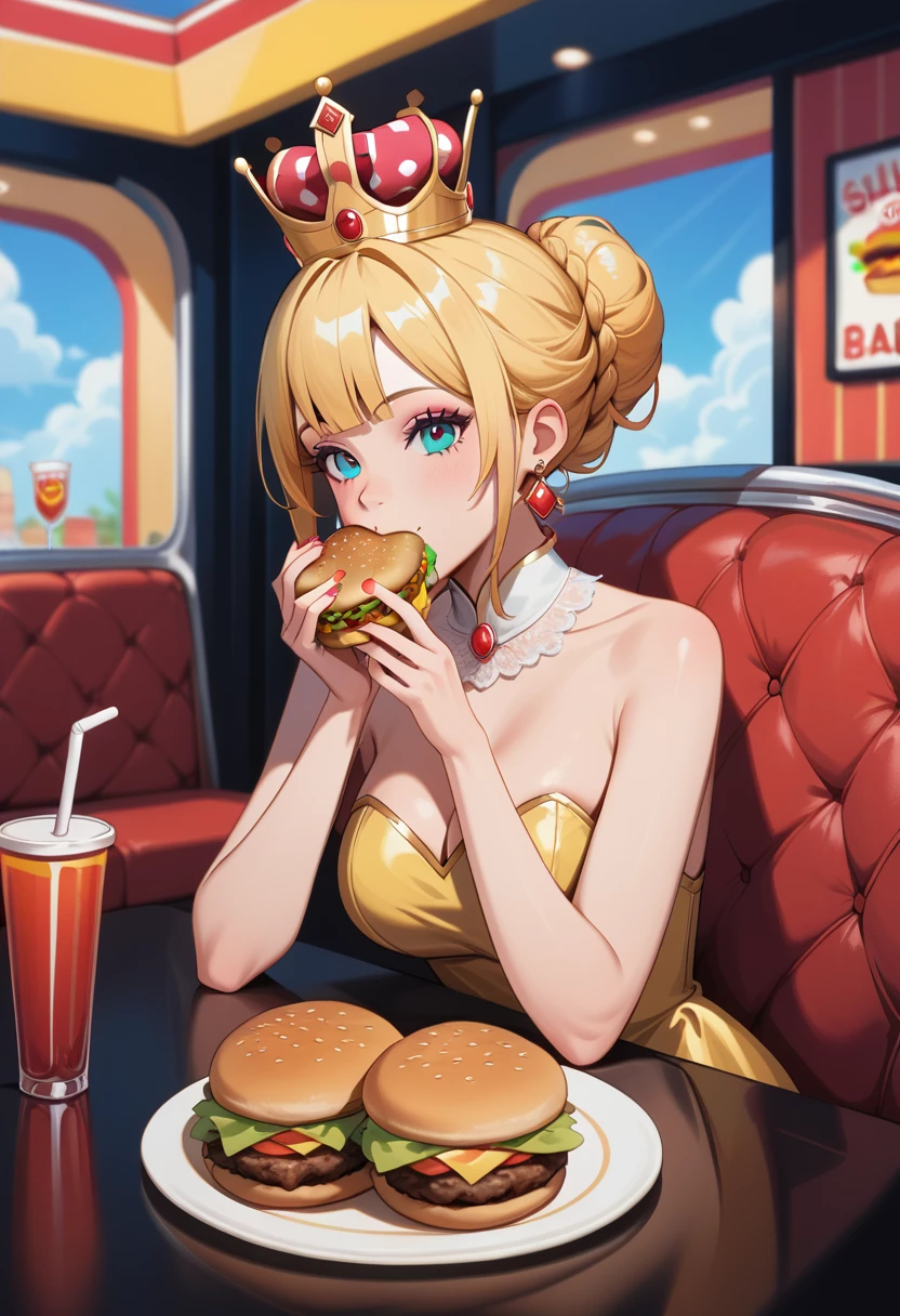 a picture of a royal queen eating  a juicy hamburger, royal queen, blond hair, in a bun, dynamic eye color, wearing a royal (crown:1.2). elegant crown, glamour crown, wearing elegant dress, royal dress, royal cloak, high fashion, wearing high heels, sitting in diner, eating a juicy hamburger, delicious hamburger, her (scepter: 1.1) is on the table  American diner background, she enjoys the hamburger, 