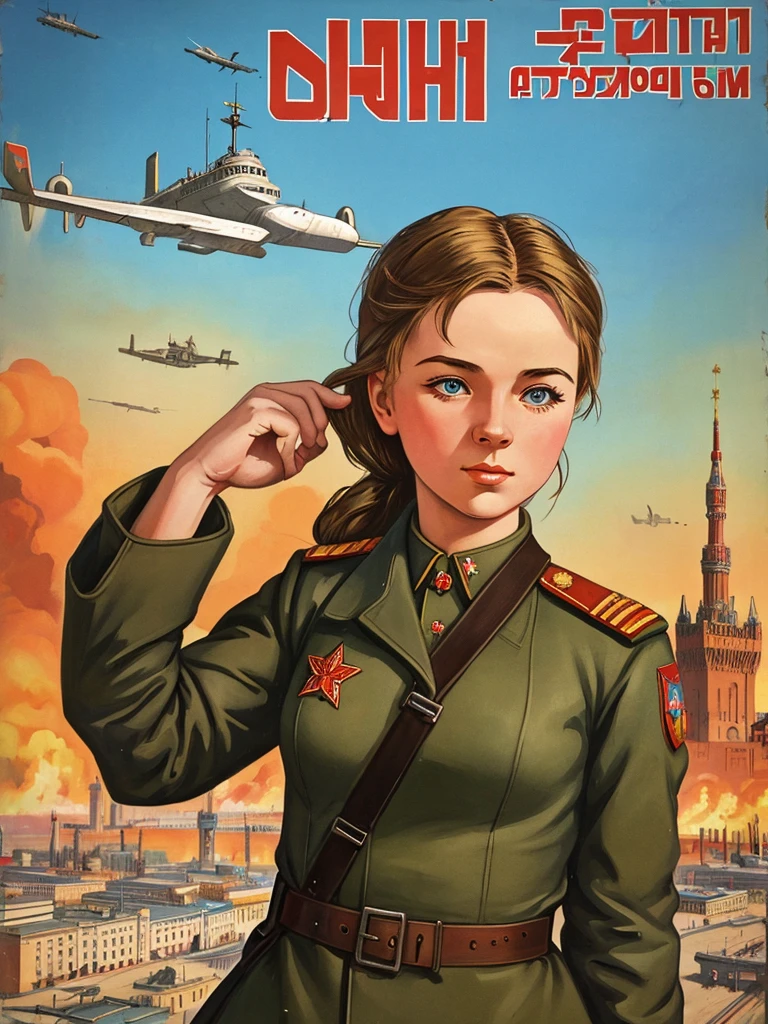 best quality,masterpiece,highly detailed,ultra-detailed, 1girl,cityscape, ussr soviet umion, propaganda, poster, army, beaurty Russian girl, Russian army uniform,realistic