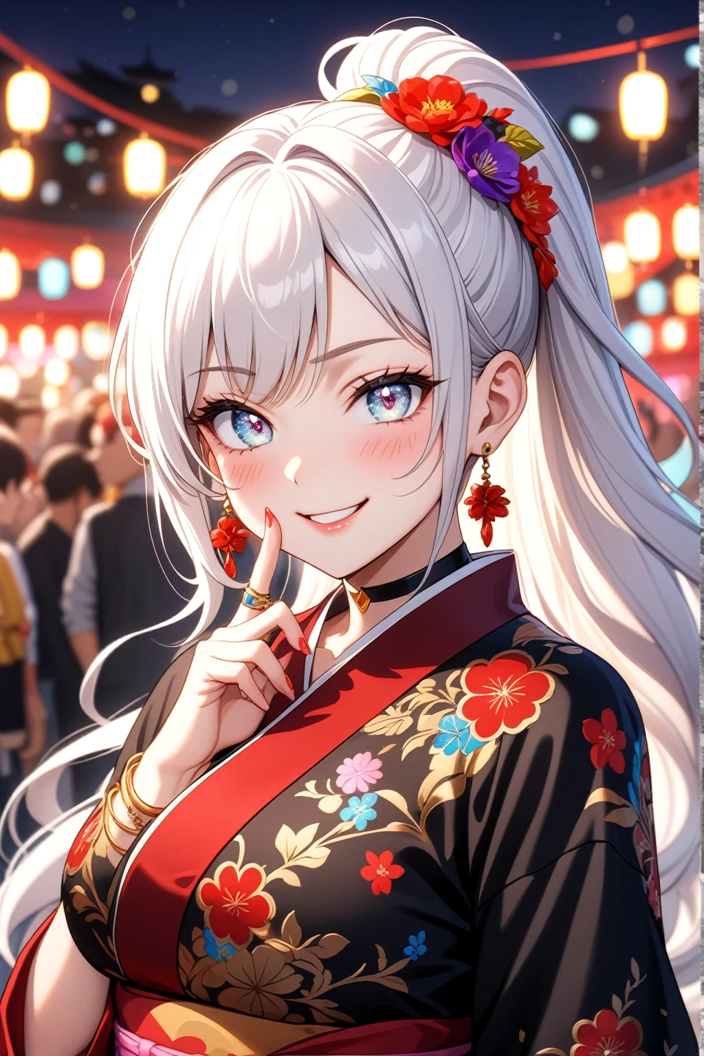 (One personの女性)), Beautiful Face, (Laughing embarrassedly), ((smirk)), ((Wink:2.1)), (finger to mouth:1.3), Laugh with your mouth wide open,((Bright red cheeks:1.4)),Shiny red lips, night,rooftop,Festivals, firework,Glossy red lips,Facial lighting,((Anime style background)),masterpiece, Highest quality, so beautiful,up to date, Complex details, (Pink long nails), (ring),(bracelet),(choker),AI-generated, Complex,High resolution, Highest quality, super high quality,3D Images、3D Images,One person,Long white hair in a high side ponytail,(blue eyes),  ((Fine grain、Silvery white colorful eyes、Shining Eyes:1.4)), (Squint your eyes:1.1), 写真のポーズをとるAnime Women, a hyperRealistic , hyperRealistic , Realistic,Anime Women, Smooth anime CG art, A woman in a colorful kimono with gold embroidery, (Black long sleeve kimono),  Red floral pattern,Long flower hair ornament,Earrings,Mature Body,(Big Breasts:1.1),Tall,Narrow waist,(Zoom in on face:1.4),