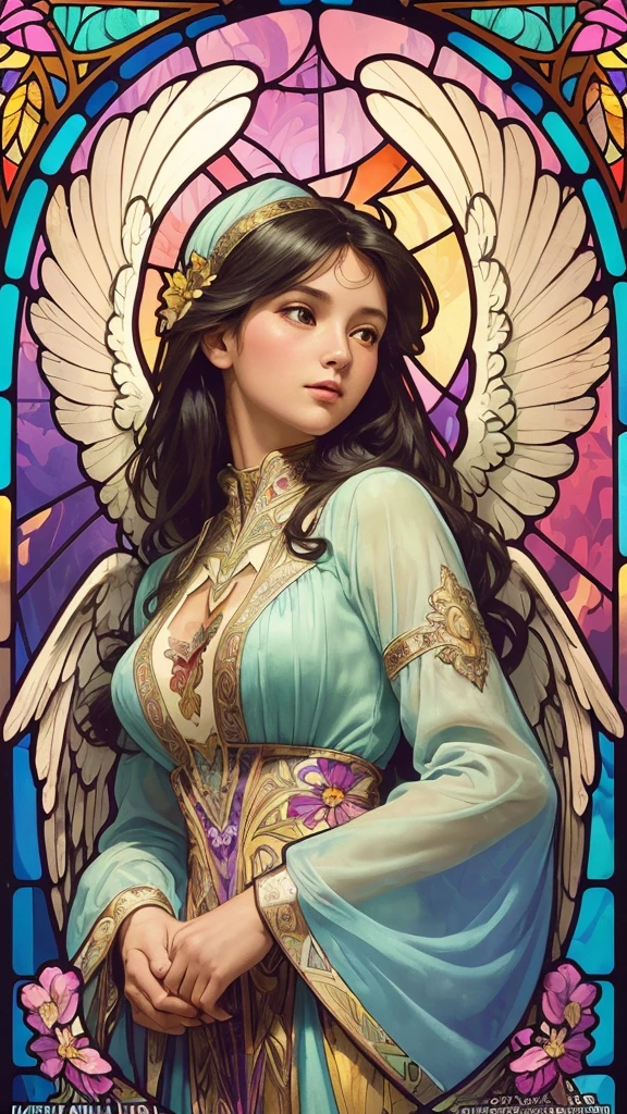 (Highest quality:1.2,Vector art:1.1,Vibrant colors,Stained glass,Beautiful vintage angel woman,face,(Facing forward,Looking Ahead),1girl, black hair, gradient hair, Frontal face, wallpaper,A look of determination,(Wide open angel wings:1.1),(Alphonse Mucha style,Complex floral background,Vibrant colors,Warm Tones,Soft lighting)