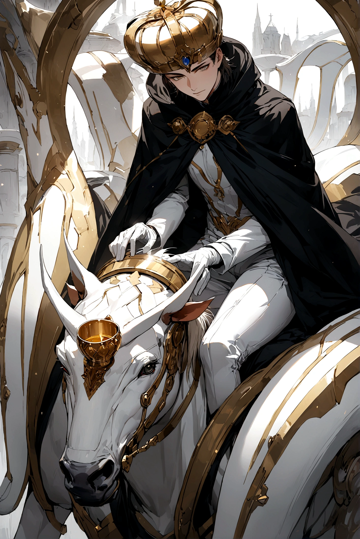 A young man wore an old black cloak that covered his entire body and rode on a pure white steed.
Above his head floated a crown and held high a golden cup.