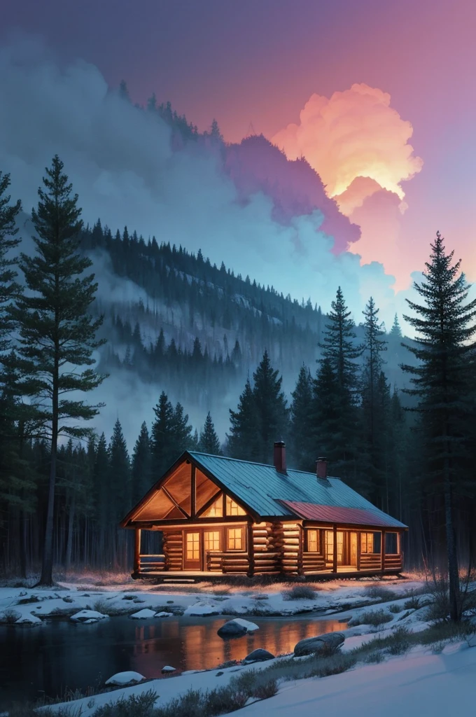 Forest cabin with smoking chimney in watercolorbrush fusion_style degital blush strokes 2000, Gradient colors, Flamboyant atmosphere