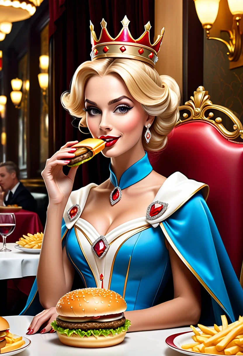 a picture of a royal queen eating a juicy hamburger, royal queen, blond hair, in a bun, dynamic eye color, wearing a royal (crown:1.2). elegant crown, glamour crown, wearing elegant dress, royal dress, royal cloak, high fashion, wearing high heels, sitting in diner, eating a juicy hamburger, delicious hamburger, her (scepter: 1.1) is on the table American diner background, she enjoys the hamburger,