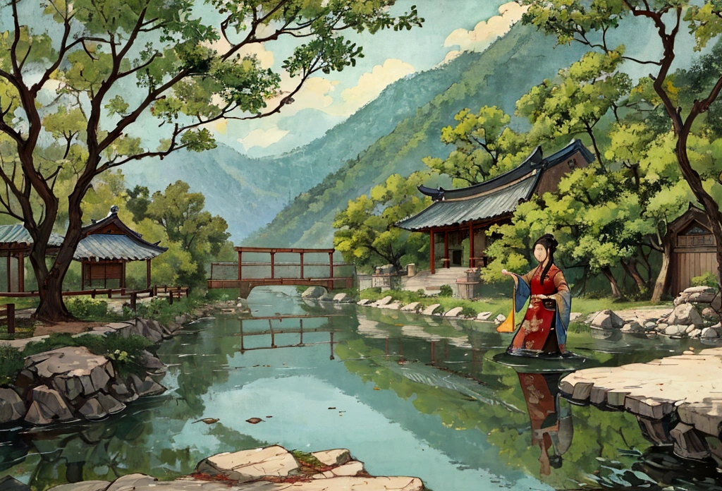 China-style,Quaint,palaces,group of buildings,gardens,Realiy,the woods,Rockery,Lake,Girl by the lake 1