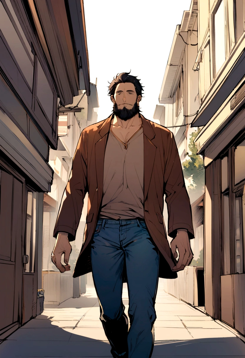 A male character, 180cm tall, straight and relaxed black hair, unshaven beard, light dark circles, age 45 years, dark shaped eyes, going, wearing a brown jacket, Denim Jeans, White background