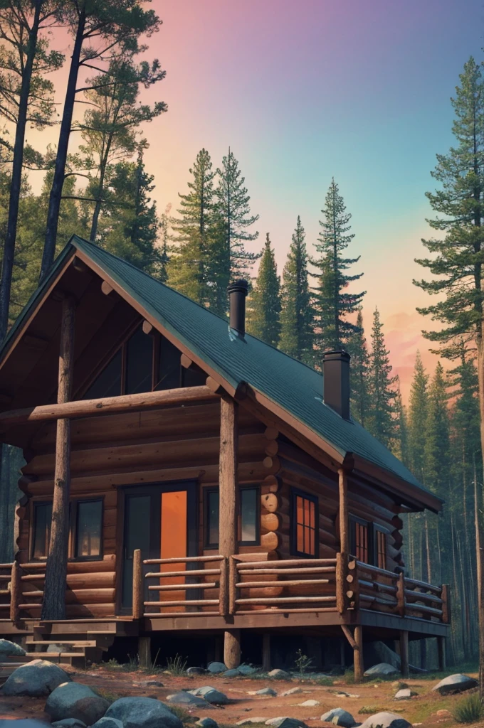 Forest cabin with smoking chimney in watercolorbrush fusion_style degital blush strokes 2000, Gradient colors, Flamboyant atmosphere