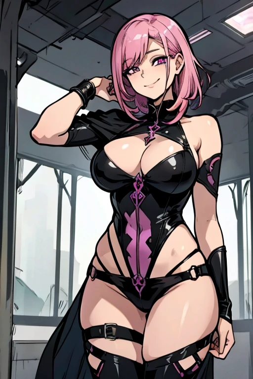 A pink haired female reaper with violet eyes and an hourglass figure is exploring a mauseleum with a curious smile