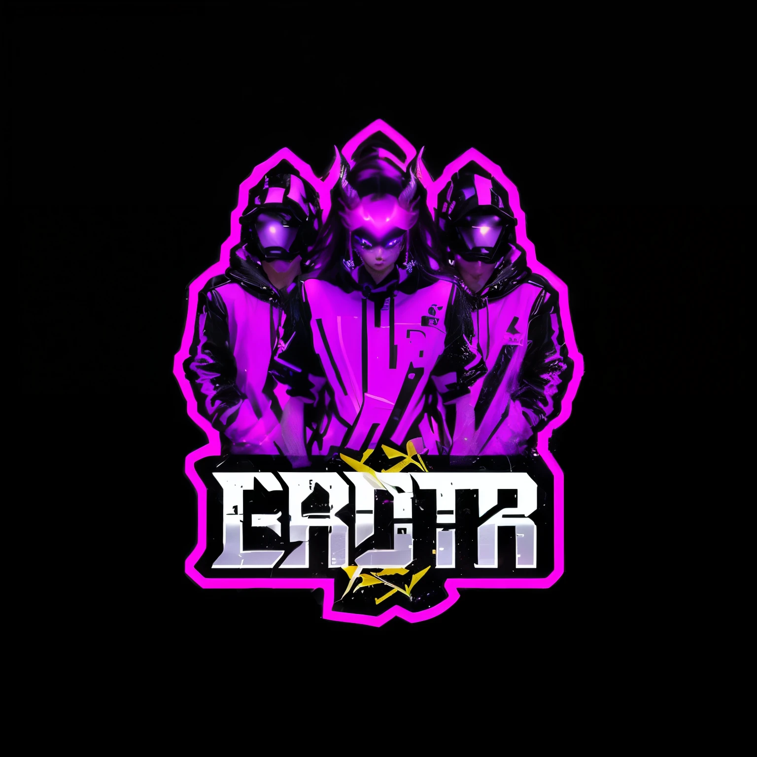 a purple and black logo with a purple and black image of two people, logo art, vaporwave de hip hop, epic art style, [ estilo de arte synthwave ]!! ]!!, stylized cyberpunk minotaur logo, [ estilo de arte synthwave ]!!, esoteric clothes, esports logo vector, estilo de arte synthwave ]!!, Threyda com nome Sanths