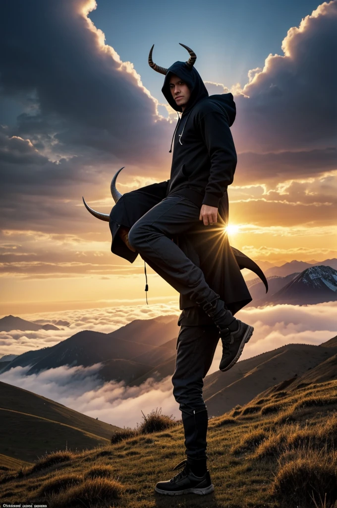  1 mythical creature half human half capricorn, hoody with shoulder-free cut, im hackerstyle, background left side of the picture with sunset over mountains, right side of the picture with darkness with demons and hellfire and fog, the transition border from left to right vertically in the middle and the mythical creature in the middle above the border with one leg in the left half of the picture and the other leg on the right side of the picture