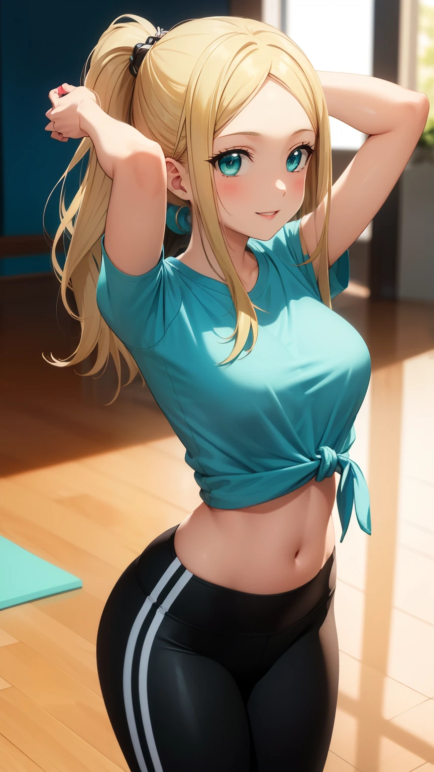 masterpiece, best quality, highly detailed, ultra high res, ayase arisa, 1girl, solo, hair ornament, long blonde hair, glossy lips, medium breasts, aqua eyes, ponytail, yoga pants, tied shirt, shirt in a knot, midriff, light smile