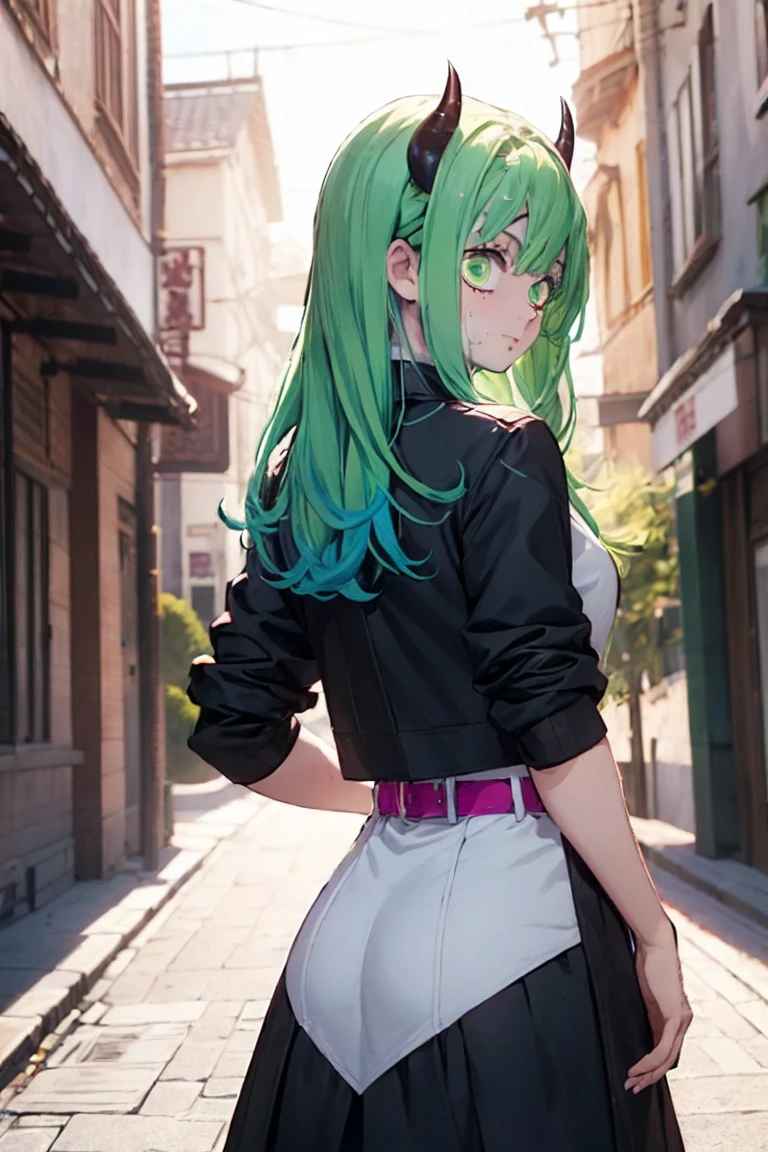 beautiful, (Highest quality, masterpiece, Very detailed: 1.5), Perfect lighting, Shiny, employment, nature, Cobblestones, vapor, blue sky, In the distance, whole body, Face Focus, One girl, mitsuri (Demon slayer), beautiful girl, beautiful face ((mitsuri (Demon slayer))), a girl with long green-pink Gradient Hair and Green Eyes in a long-sleeved jacket with a neckline, white haori, a Black Skirt with a Silver Belt and green striped hips, Pink Hair, Green Hair, Gradient Hair, Multicolored Hair, Long Hair, bangs, Double Knit, Green Eyes, Demon slayer uniform, Long sleeve jacket, white haori, Black Skirt, Silver Belt, Green striped thighs, blush, Sweat, Realistic, chest, Wide Hips, (Thick barbell: 0.9), Low Cut, Are standing, fold your hands behind your back, Viewer&#39;s gaze, Erotica