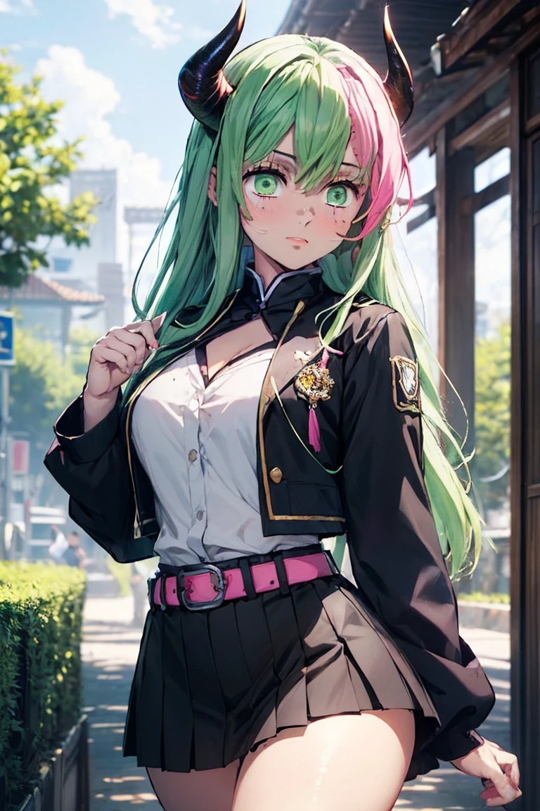 beautiful, (Highest quality, masterpiece, Very detailed: 1.5), Perfect lighting, Shiny, employment, nature, Cobblestones, vapor, blue sky, In the distance, whole body, Face Focus, One girl, mitsuri (Demon slayer), beautiful girl, beautiful face ((mitsuri (Demon slayer))), a girl with long green-pink Gradient Hair and Green Eyes in a long-sleeved jacket with a neckline, white haori, a Black Skirt with a Silver Belt and green striped hips, Pink Hair, Green Hair, Gradient Hair, Multicolored Hair, Long Hair, bangs, Double Knit, Green Eyes, Demon slayer uniform, Long sleeve jacket, white haori, Black Skirt, Silver Belt, Green striped thighs, blush, Sweat, Realistic, chest, Wide Hips, (Thick barbell: 0.9), Low Cut, Are standing, fold your hands behind your back, Viewer&#39;s gaze, Erotica