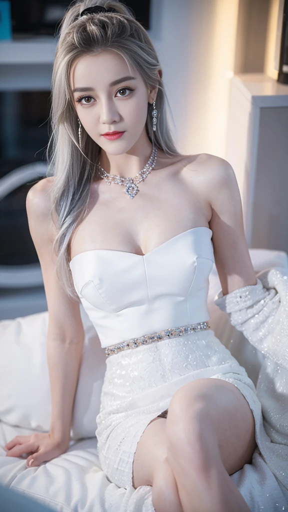 ((Top quality、8K、masterpiece:1.3))、Very pretty beautiful girl，full-body shot，Huge breasts，Breast enlargement，Amazing breast size，G cup。Wear big earrings，The skin is so white，Hydrating red lips，Very thin waist，Very thin thighs，Big Ass，Fair and smooth skin，Smooth and fair skin，Flawless skin，Fair and shiny skin，Cool white skin，Camera focuses on breasts，Bright Light，White tube top dress，Bare shoulders，White hair，The hair is gray，Blizzard，Snow Mountain，Sunset，Rizhao Jinshan，Happy