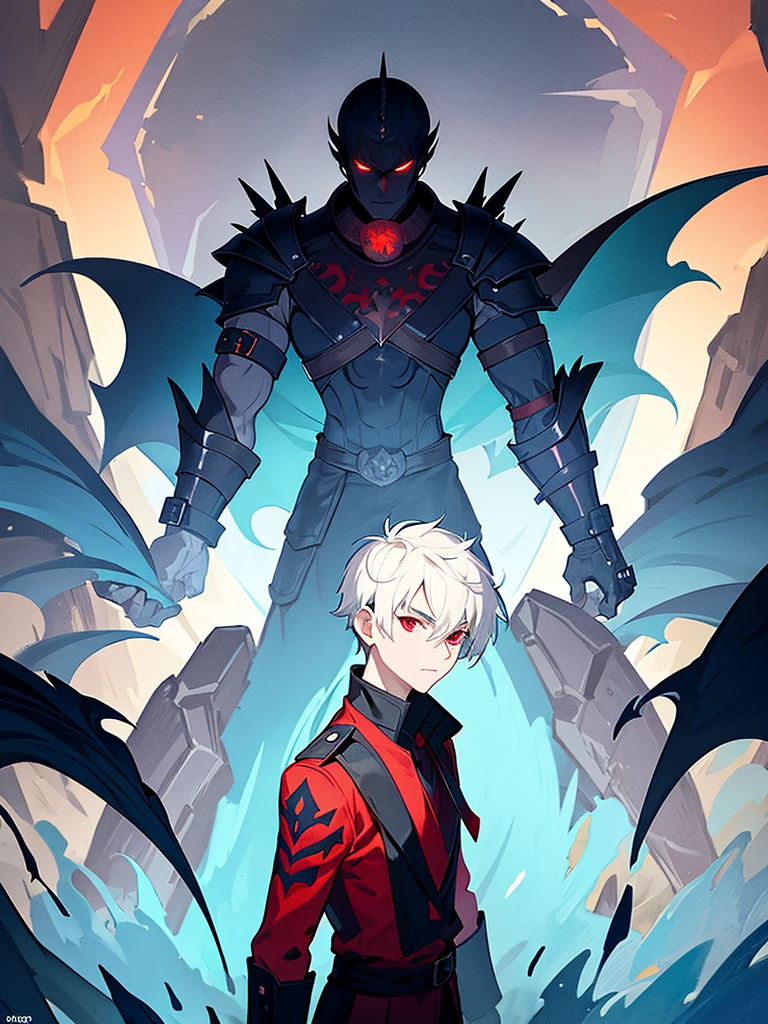 A front of a young man with short white hair, red eyes, masculine face. Wearing a black cloack with blue details. He is standing, looking to the side. On a center of a rpg scenario. Dungeons and Dragons art direction, studio ghibli Style