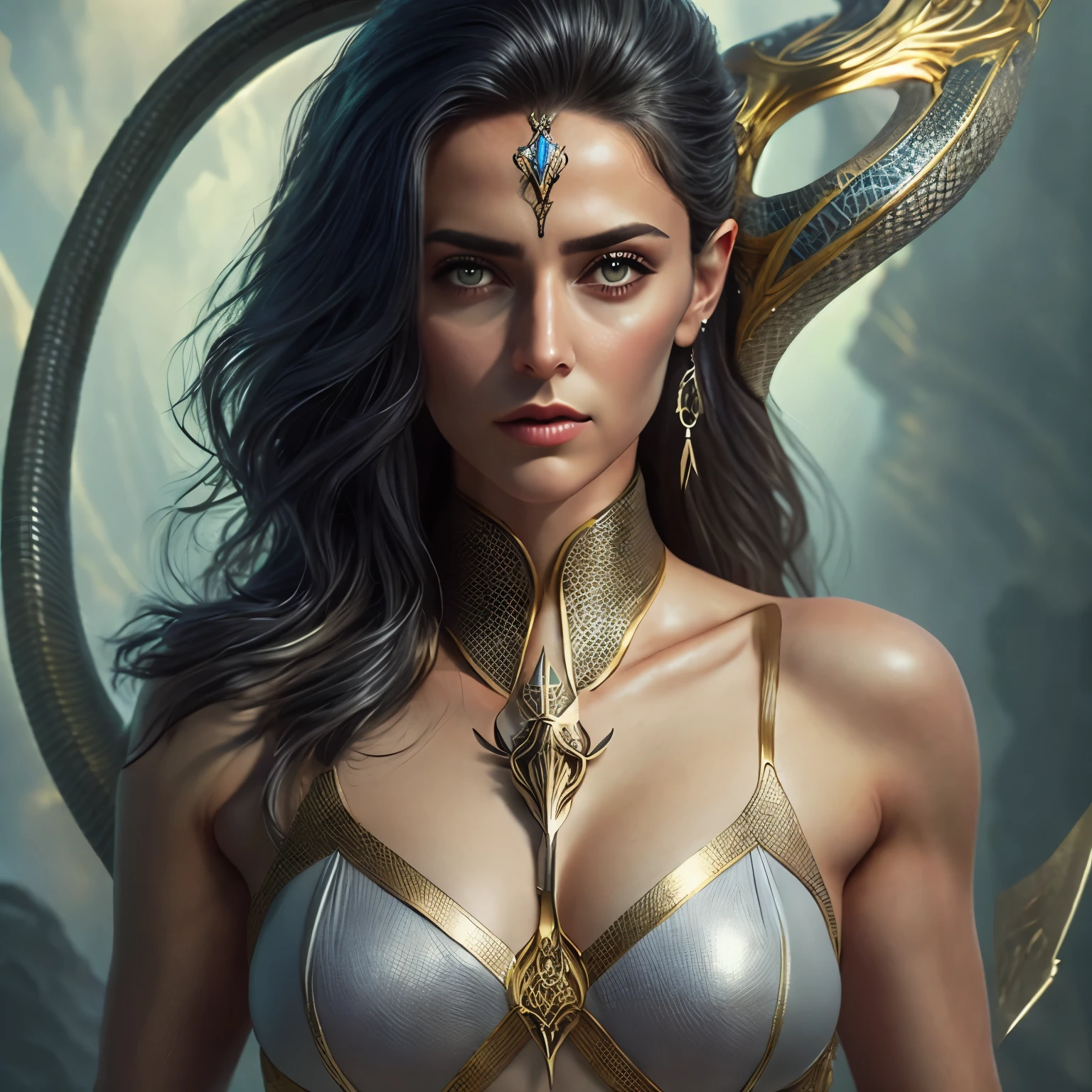 (Full body) ​masterpiece, 4K,8K, Ultra-detail, very fine facial features, beautiful face (detailled eyes) Greek futuristic goddess. Half woman, Half Snake, perfect figure, perfect anatomy, with a trident in his hand. Looks evil and seductive.
