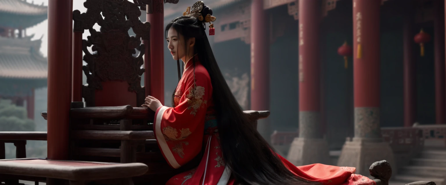 score_9, score_8_up, score_7_up, source_photo, photography, realistic, rating safe, from side, cinematic lighting, ultra detailed, absurdity, 1girl, Qin Shi Huang, sitting on Chinese Throne, Chinese Palace, hands on knees,  long hair, black hair, masterpiece, 8K, 