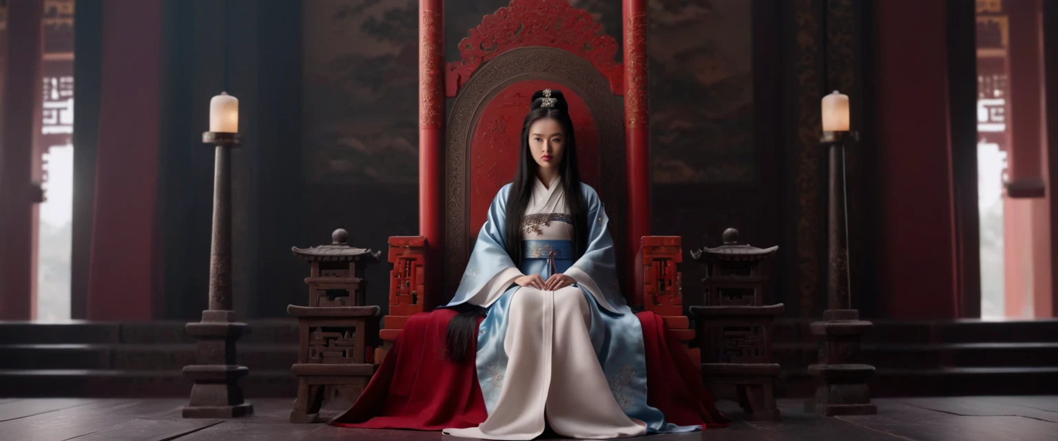 score_9, score_8_up, score_7_up, source_photo, photography, realistic, rating safe, from side, cinematic lighting, ultra detailed, absurdity, 1girl, Qin Shi Huang, sitting on Chinese Throne, Chinese Palace, hands on knees,  long hair, black hair, masterpiece, 8K, 