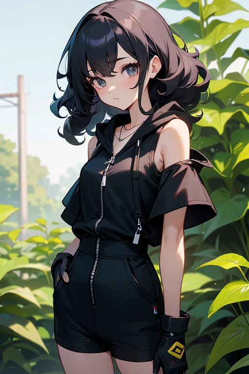 Slender beautiful girl、 Generation、athlete、sleeveless Black T-shirt、Overalls、Off the shoulder、Gloves in hand、Curly Hair、Garden、Short stature、White sleeveless zip-up hoodie、necklace、Mature