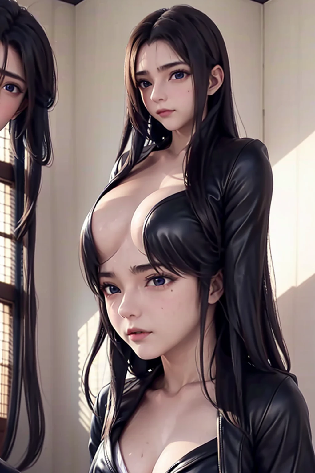 A beautiful and delicate 18-year-old girl，Goddess-like face，masterpiece，high quality，No underwear，Black translucent cape，Black leather jacket open，Photo-realistic，8K，Ultra Detailed，Dramatic lighting，，Intense gaze，Debauched expression。