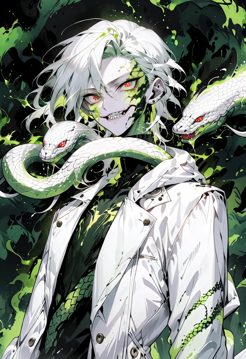 Generate an anime-style illustration of a age male character with the appearance of a Gorgon. He should have pale skin, sharp facial features, and a monstrous look, with green scales covering parts of his face and body. His hair should be made entirely of slender, elegant white snakes with subtle green highlights, all oozing a green liquid aura. The snakes should have piercing red eyes. The character should be wearing a white trench coat hoodie with accents of green, creating a harmonious green and white color theme. He should have a sinister grin on his face. Please ensure that the overall aesthetic remains true to traditional anime art style