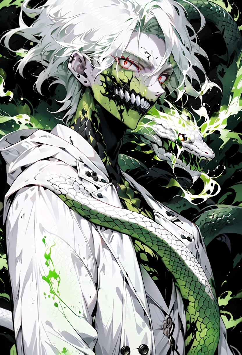 Generate an anime-style illustration of a age male character with the appearance of a Gorgon. He should have pale skin, sharp facial features, and a monstrous look, with green scales covering parts of his face and body. His hair should be made entirely of slender, elegant white snakes with subtle green highlights, all oozing a green liquid aura. The snakes should have piercing red eyes. The character should be wearing a white trench coat hoodie with accents of green, creating a harmonious green and white color theme. He should have a sinister grin on his face. Please ensure that the overall aesthetic remains true to traditional anime art style