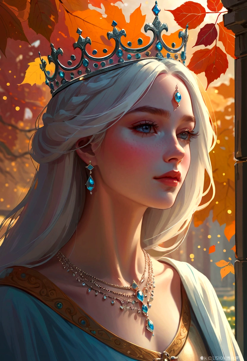 Beautifully painted, high quality, Ultra-detailed CG illustrations,Depicting a young queen with a serene expression, crown, Luminous design, Soft colors, Ink Drops, Autumn Lights, Signed by the artist, The scenery behind is vast and breathtaking, Lead the audience into a wonderful and exploratory world.