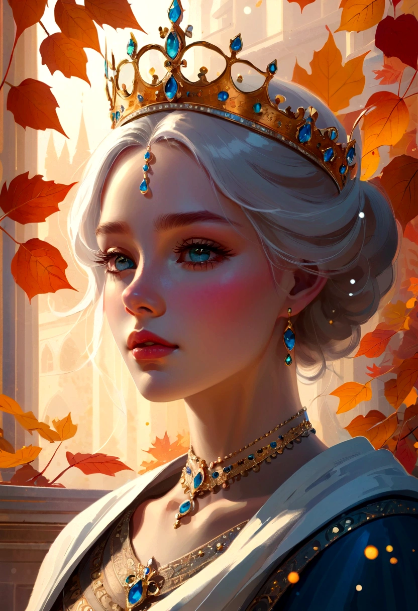 Beautifully painted, high quality, Ultra-detailed CG illustrations,Depicting a young queen with a serene expression, crown, Luminous design, Soft colors, Ink Drops, Autumn Lights, Signed by the artist, The scenery behind is vast and breathtaking, Lead the audience into a wonderful and exploratory world.