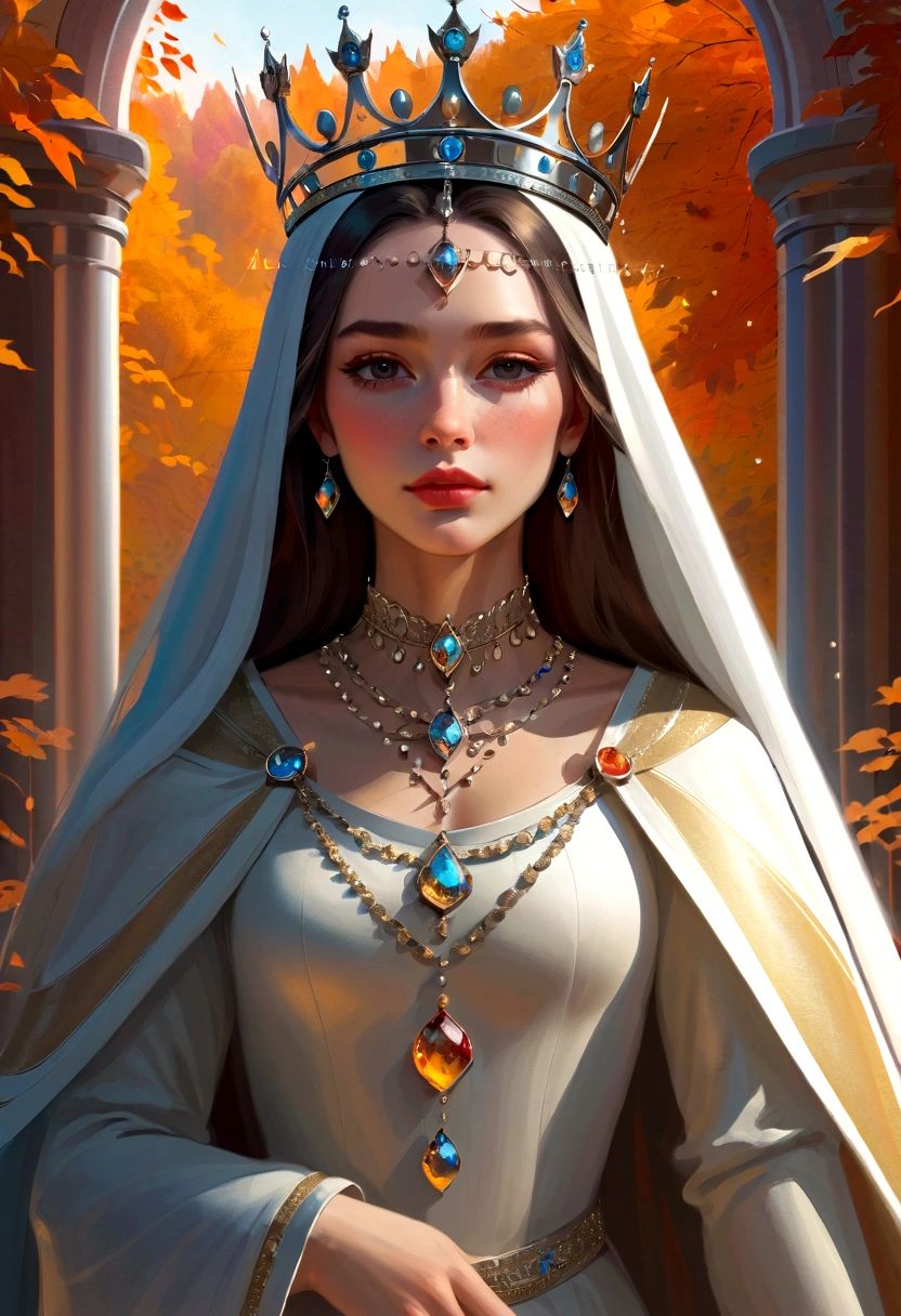 Beautifully painted, high quality, Ultra-detailed CG illustrations,Depicting a young queen with a serene expression, crown, Luminous design, Soft colors, Ink Drops, Autumn Lights, Signed by the artist, The scenery behind is vast and breathtaking, Lead the audience into a wonderful and exploratory world.
