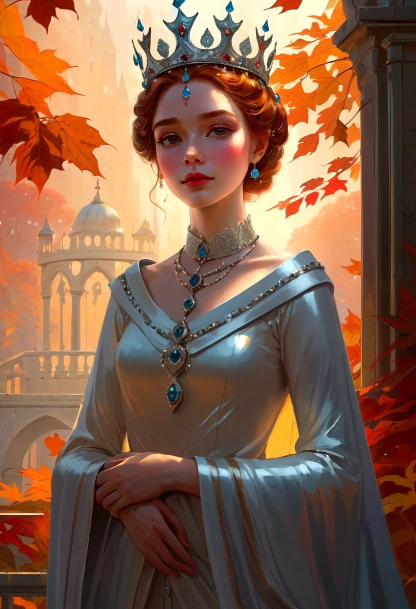 Beautifully painted, high quality, Ultra-detailed CG illustrations,Depicting a young queen with a serene expression, crown, Luminous design, Soft colors, Ink Drops, Autumn Lights, Signed by the artist, The scenery behind is vast and breathtaking, Lead the audience into a wonderful and exploratory world.