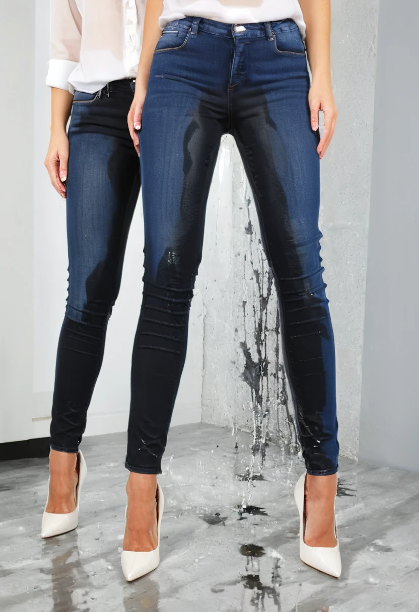 three attractive women at a a party, drinking wine, one blonde wearing black skinny jeans, one redhead wearing dark blue skinny jeans, one brunette wearing skinny jeans, high heel pumps, white blouse,wetting, big smile, pee stains are gleaming wet, bright lighting, ((pee stain bugles out onto hips)), jeans completely soaked below the knees