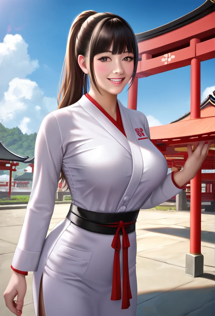 Shrine grounds, Clear sky with white clouds, Miko costume, Blur the background,high school girl,Big Breasts,ponytail,smile,Glitter effect,Highest quality, 8K, High resolution, masterpiece:1.2, Very detailed, Realistic:1.37, High resolution, 超High resolution, Ultra-fine painting, Very detailed, Professional, Vibrant colors