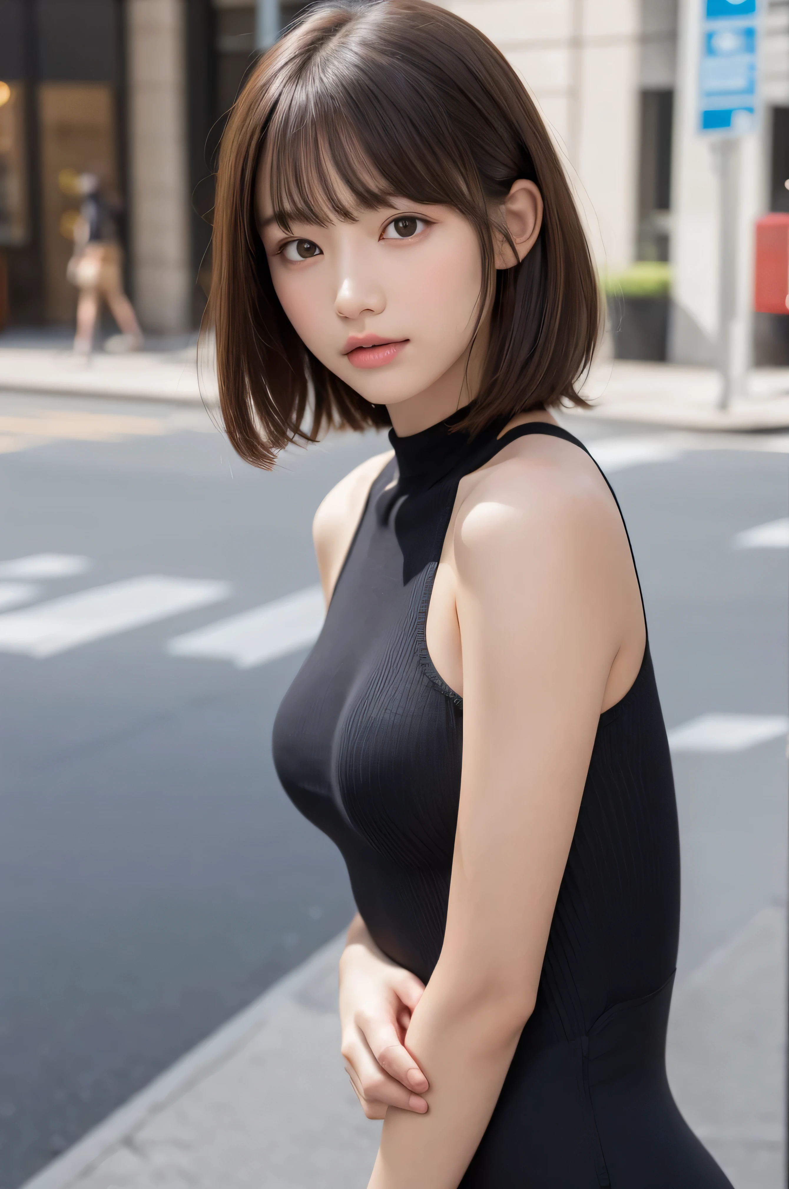 one girl, (a beauty girl, delicate girl:1.3), (:1.3), break, (Bodysuits:1.3), break, Very fine grain definition, (Symmetrical eyes:1.3), break, (Street view:1.3), break, Small breasts, Brown eyes, Parted bangs, Brown Hair, girl, break, (Eye and facial details:1.0), break, (masterpiece, Highest quality, Super detailed, Detailed face, 8K)
