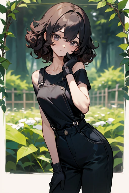 Slender beautiful girl、10th Generation、athlete、sleeveless Black T-shirt、Overalls、Off the shoulder、Gloves in hand、Curly Hair、Garden、Short stature、白いノースリーブのジップアップパーカー、ネックレス