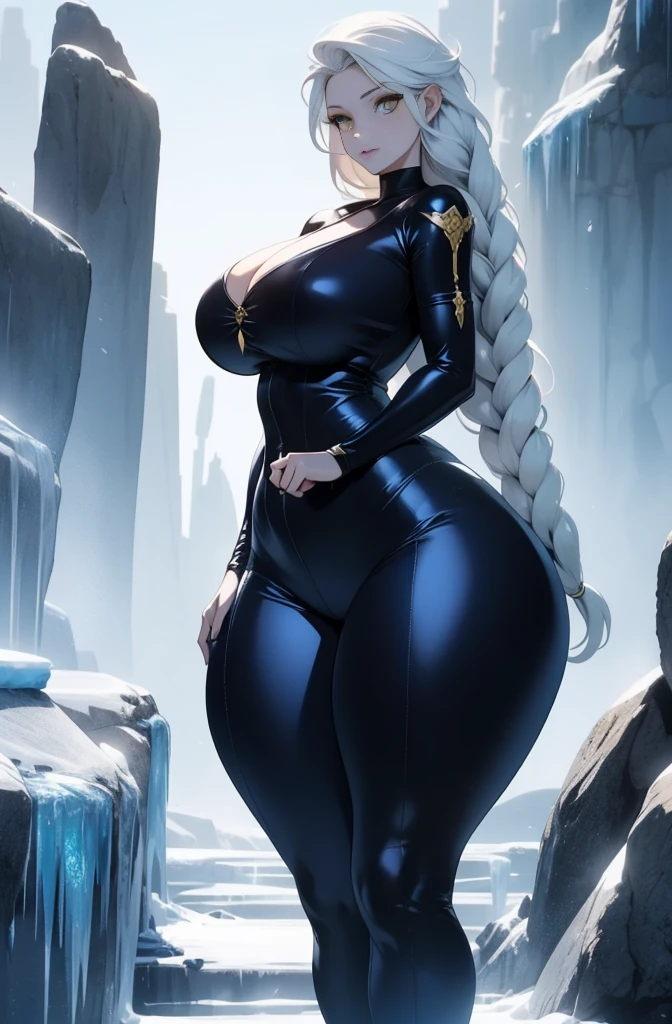 female, solo, young, sexy body, voluptuous figure, tightsuit, white hair, decolored blonde hair, ice effects around, ice queen, beautifull face, long hair, defined body, yellow and bright eyes, thick legs, strong legs, tall, Voluptuous legs, huge ass, big hip, big ass, female sorcerer, blue and black robes,