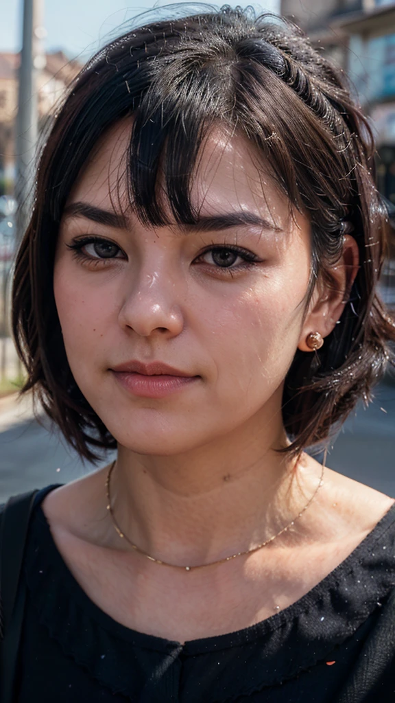 black hair, hair bobbles, wince, longeyelashes, solid circle eyes, ear blush, fang, ccurate, Surrealism, drop shadow, anaglyph, stereogram, tachi-e, pov, atmospheric perspective, 8k, super detail, best quality, UHD, 4K