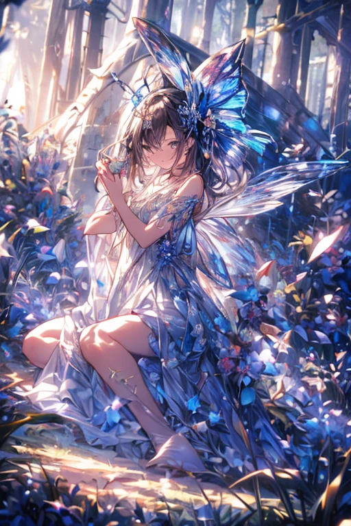 masterpiece, concept art, (highly detailed), medium shot, fairy butterfly 1girl, butterfly wings, cute, elegant, violet flowing hair, magical dress, magnum opuutterfly:1.5) flying surrounding her, mythical forest, bathed in ethereal moonlight, serenity, (epic composition, epic proportion), Vibrant color, volumetric lighting, Hd