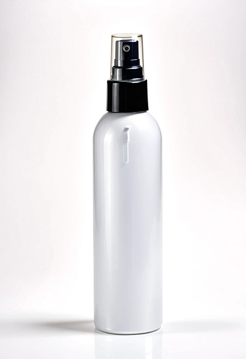 Mist spray bottle, black cap, opaque container, magazine, cosmetic, studio photo, real, white background, advertisement, Position in the middle of the picture