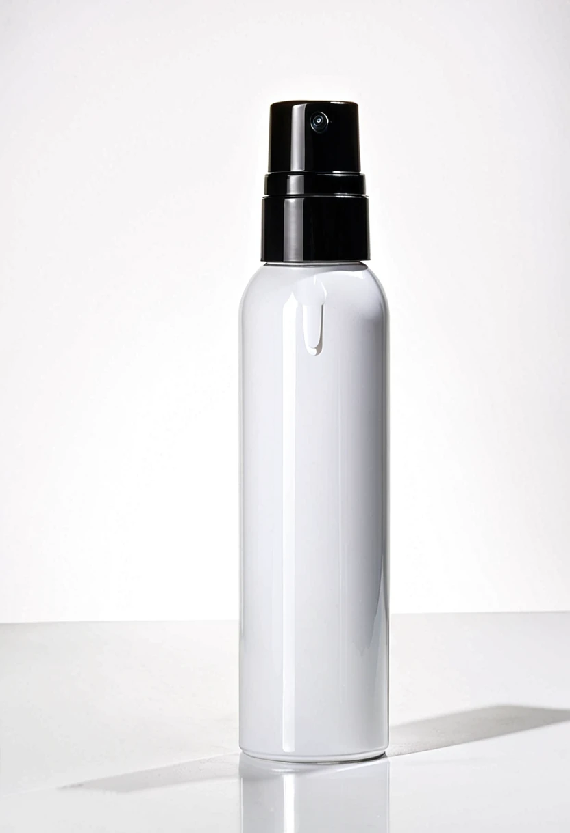 Mist spray bottle, black cap, opaque container, magazine, cosmetic, studio photo, real, white background, advertisement, Position in the middle of the picture