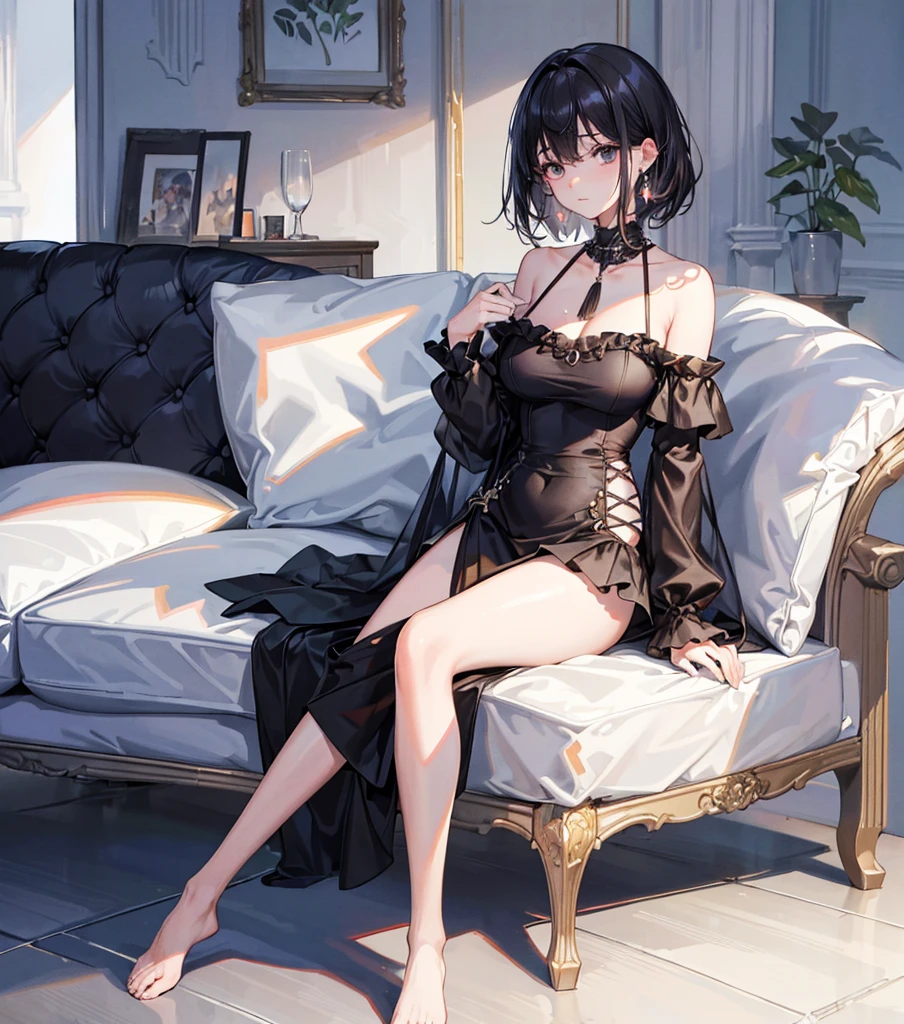 ((((absurdres, RAW photo, extremely delicate and beautiful, masterpiece, Best Quality, ultra high resolution, 32k, hyperrealistic, ultra-detailed)))), in her 20s, very Slim body, narrow waist, very small head, very small face, delicate facial features, beautiful face, beautiful eyes, ((very huge round tits)), medium hair, black hair, wavy hair, tearful mole, earring, full body shot, off-the-shoulder cut top, sofa,