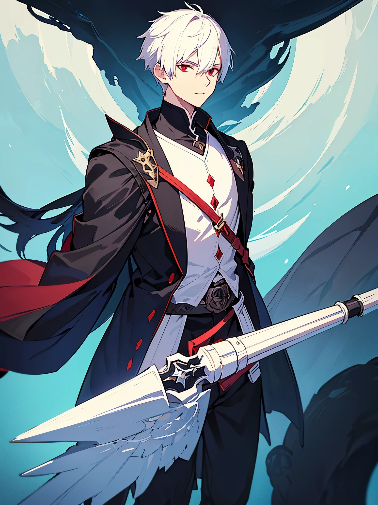 A front of a young man with short white hair, red eyes, masculine face. Wearing a black cloack with blue details. He is standing, looking to the side. On a center of a rpg scenario. Dungeons and Dragons art direction, studio ghibli Style