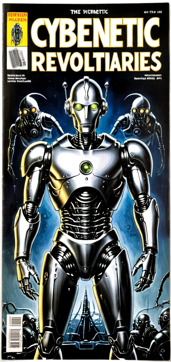 Cybernetic Revolutionaries, european male, magazine cover, poster art , Lovecraftian horror robot, bold huge text, matted design layout, strong, bold inking techniques, Metallic Silver and Gunmetal Gray: These colors are often used to represent the metallic components of cyborgs, giving them a sleek and futuristic appearance.