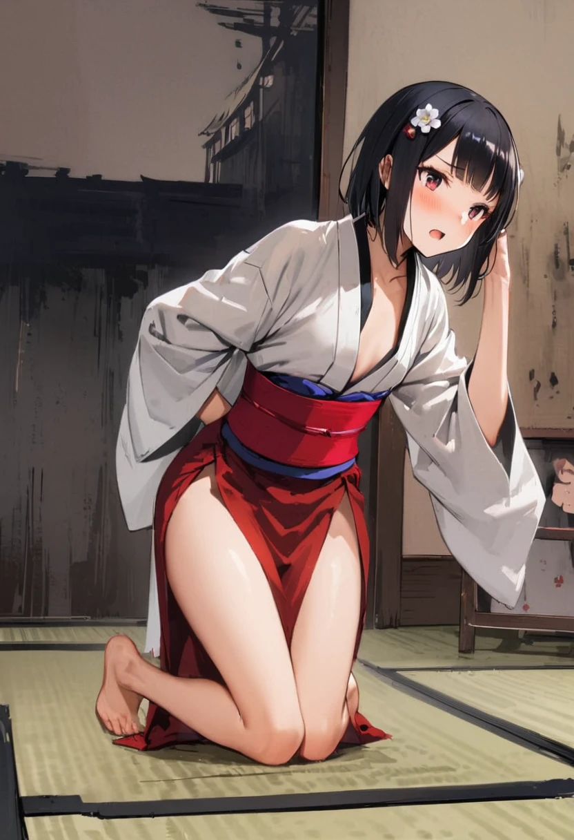 Shinobu Kocho, 1girl, beautiful detailed eyes, beautiful detailed lips, extremely detailed face and features, long eyelashes, half nude, ripped kimono, sexy, hot feet,detailed background, cinematic lighting, highly detailed, 8k, photorealistic, masterpiece , anime style , 