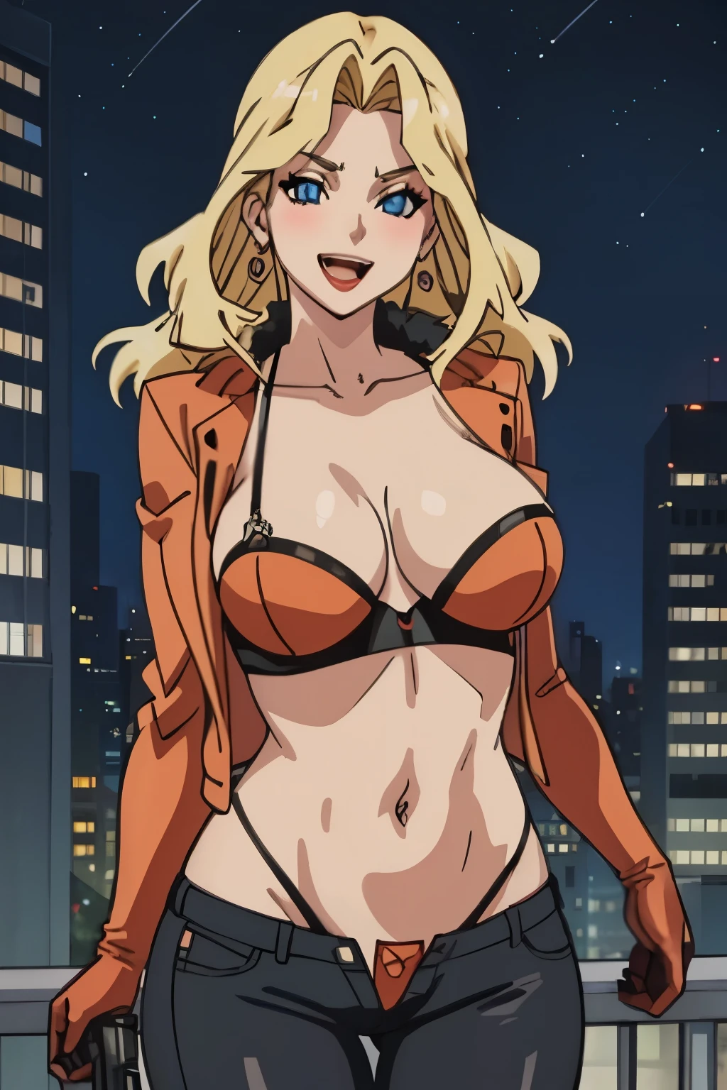 Dress_AliceNonoyama_ownwaifu,
1girl, blonde hair, long hair, blue eyes, lips, mature female, eyelashes, earrings, jewelry, red lips, nail polish, lipstick, makeup, large breasts, breasts,
blush, lipstick, fur trim, mature female, gloves, fur-trimmed coat,, outdoors, rooftop, cityscape, building, railing, night, night sky, scenery, moon, city lights, gloves, masterpiece, best quality, highly detailed, a girls with a gun, evil smile , open mouth, sexy gaze, badass pose , evil smile, smile, (nsfw) not safe for work, guns blazing, anime girl with long hair, beautiful long haired girl, navel, evil expression, exposed belly, exposed navel, exposed midriff, exposed lower belly, long black pants, crop top, cleavage, unbuttoned leather pants ,open fly, low rise black leather pants, leather jacket, holding a gun, navel piercing