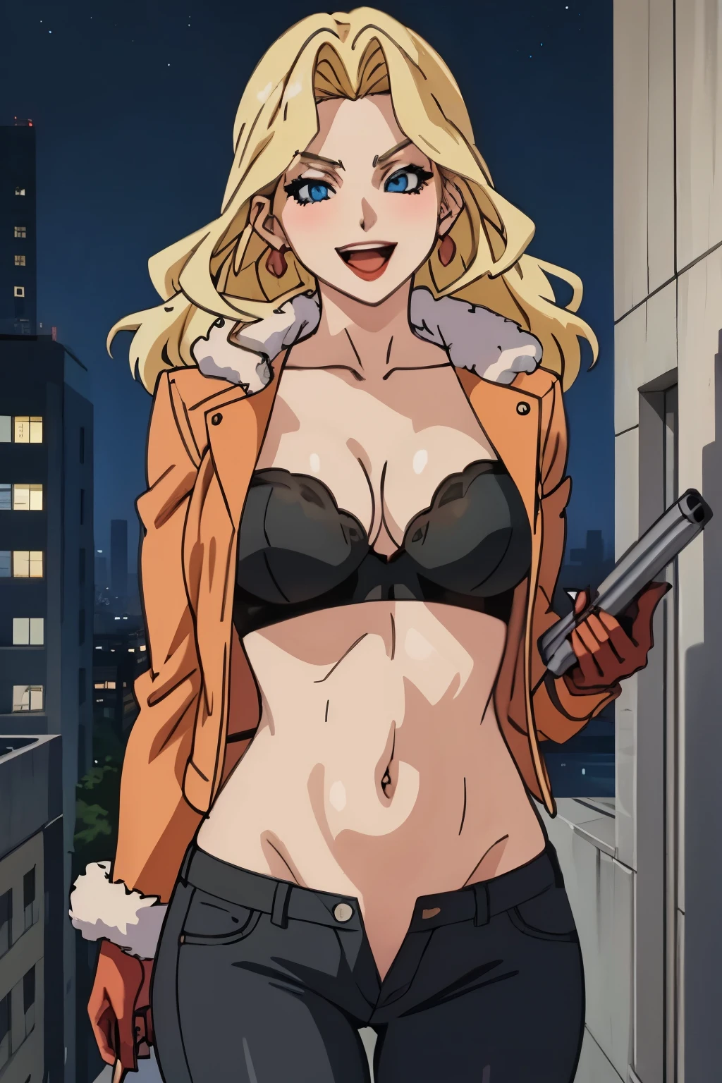 Dress_AliceNonoyama_ownwaifu,
1girl, blonde hair, long hair, blue eyes, lips, mature female, eyelashes, earrings, jewelry, red lips, nail polish, lipstick, makeup, large breasts, breasts,
blush, lipstick, fur trim, mature female, gloves, fur-trimmed coat,, outdoors, rooftop, cityscape, building, railing, night, night sky, scenery, moon, city lights, gloves, masterpiece, best quality, highly detailed, a girls with a gun, evil smile , open mouth, sexy gaze, badass pose , evil smile, smile, (nsfw) not safe for work, guns blazing, anime girl with long hair, beautiful long haired girl, navel, evil expression, exposed belly, exposed navel, exposed midriff, exposed lower belly, long black pants, crop top, cleavage, unbuttoned leather pants ,open fly, low rise black leather pants, leather jacket, holding a gun, navel piercing