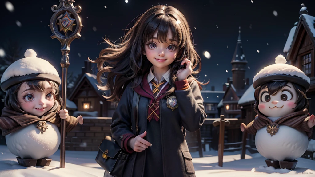  cute smiley face girl with standing pose, snow weather, front view of harry potter school, harry potter school