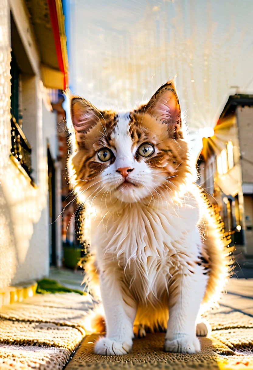 Kitten, mid-pounce, fluffy fur catching sunlight, eyes wide with curiosity, juxtaposed against a sprawling urban backdrop, soft shadows, warm tones, high resolution photography, shallow depth of field, bokeh effect, golden hour lighting.