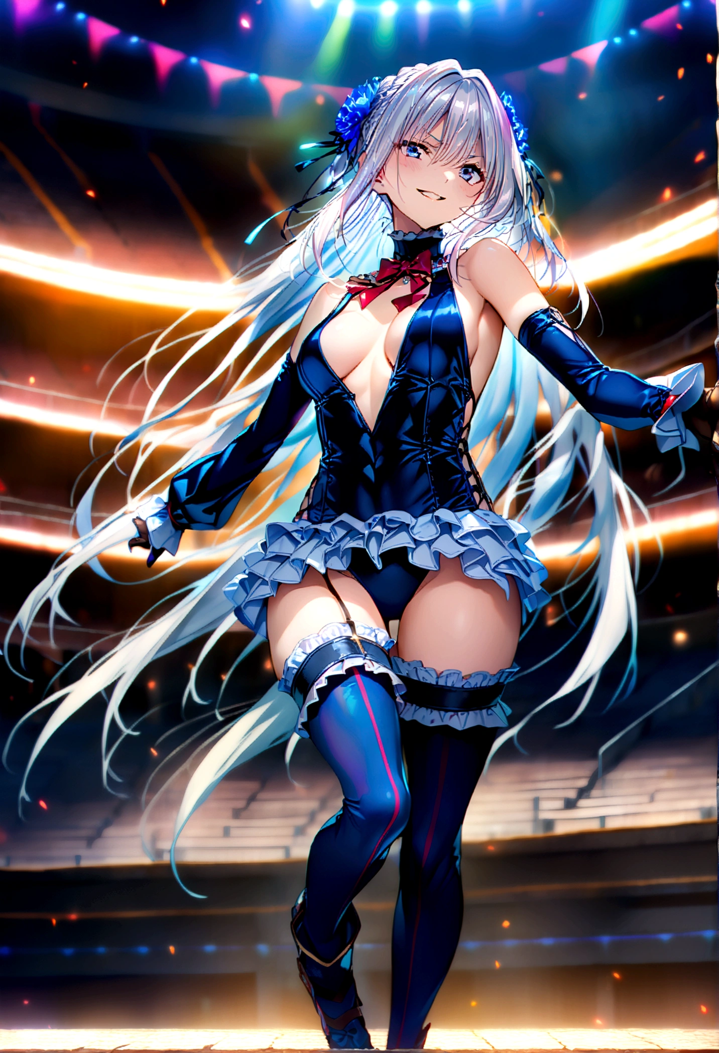 12k, ultra hi resolution picture, 1girl, full body,dark aura,evil smile, masterpiece, best quality, very aesthetic, absurdres, anime artwork, anime style, key visual, vibrant, Studio Anime, highly detailed,1girl,(Silver Hair:1.4),Very long hair,(Arena:1.4), frilled choker, red bowtie, blue one-piece swimsuit, frilled swimsuit, blue sleeves, detached sleeves, gloves, blue thighhighs, frilled thighhighs