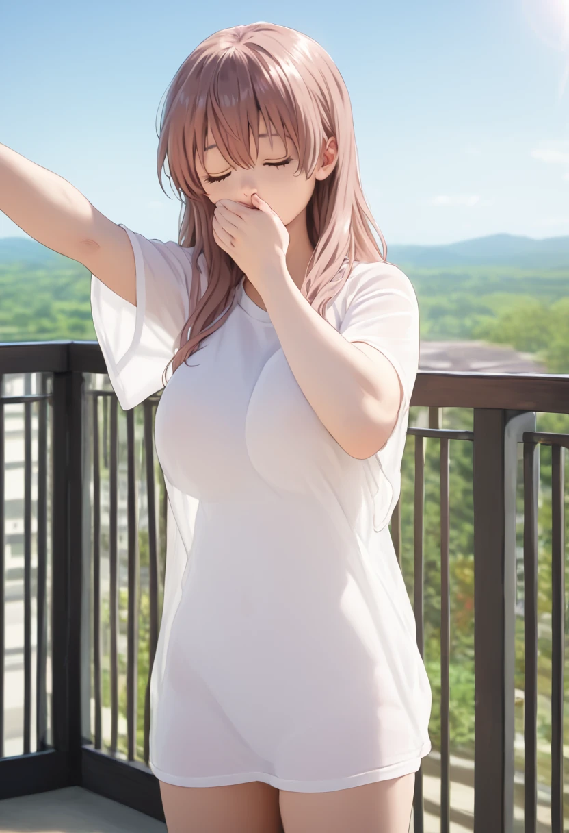 score_9,score_8_up,score_7_up,masterpiece,best quality, source anime, photorealistic, hyperrealistic, 8k,photo,raw,super detailed, extreme detailed, rating_explicit, 
1girl, standing, (arms up, Stretching), Yawning, covering mouth, cowboy shot, 
BREAK girl, shouko nishimiya, 18yo, long hair, pink brown hair, bangs between eyes, brown eyes, (large breasts:0.9),
shiny hair, beautiful detailed eyes, beautiful face,
white long shirt, (see through:1.3), oversized clothes, (zettai ryouiki:1.4), bare thighs, 
sleepy, (closed eyes:1.2), wide open mouth,
outdoors, Apartment balcony, morning, sunlight,